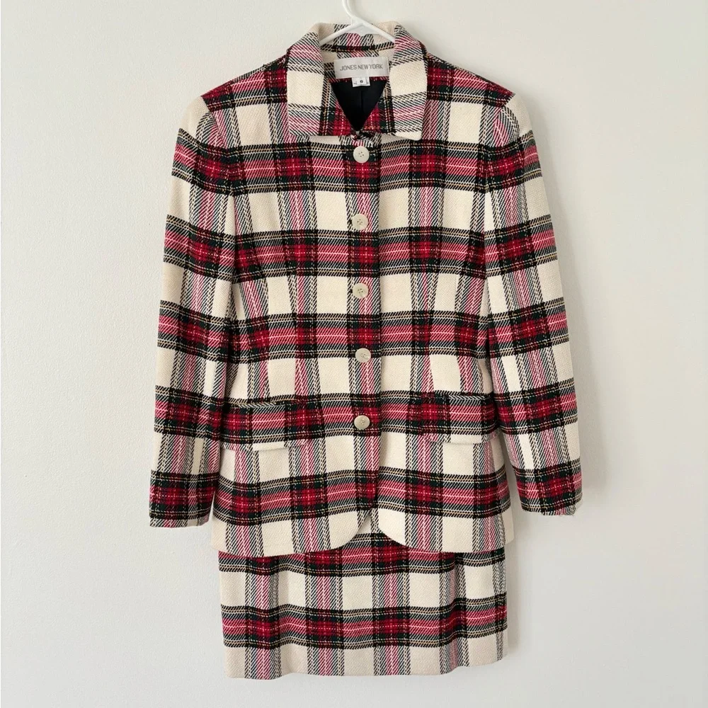 Jones New York Red Cream Green Plaid Button Down Skirt Suit Size 6 - Picture 1 of 10